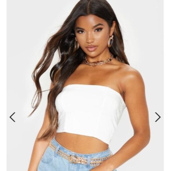 NWT PrettyLittleThing Helsa‎ Cream Slinky Bandeau Crop Top Women's Size 4 NEW - Picture 1 of 13